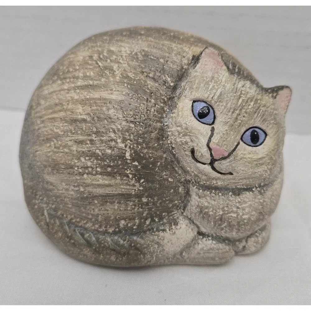 Vintage Ganz Resin Cat Figurine - Curled Up Tiger Striped Kitty, Rock Like Stone